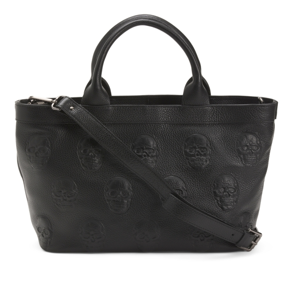 NWOT IO PELLE Made In Italy Black 100% Leather Multi 3D Skull Satchel Handbag